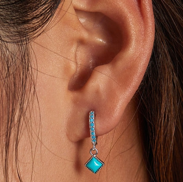 925 Sterling Silver Square Turquoise Drop Earrings