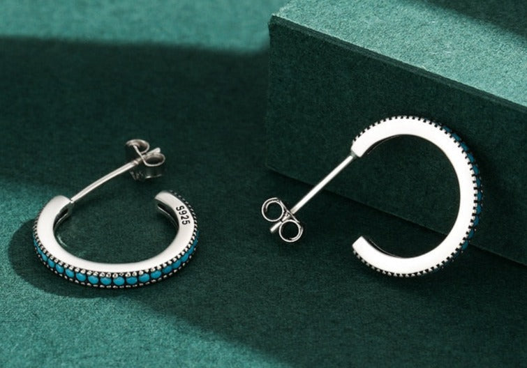 Round Turquoise Earrings in 925 Sterling Silve