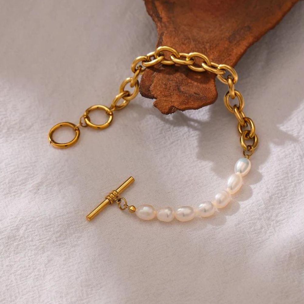 Link Bracelet with Freshwater Pearls – 18ct Gold-Plated