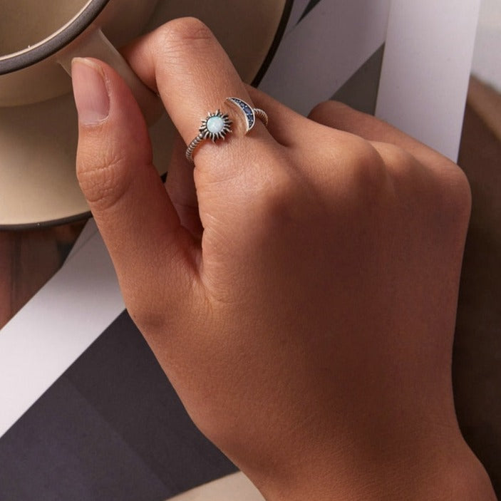 Sun and Moon Opal Ring in 925 Sterling Silver with Cubic Zirconia