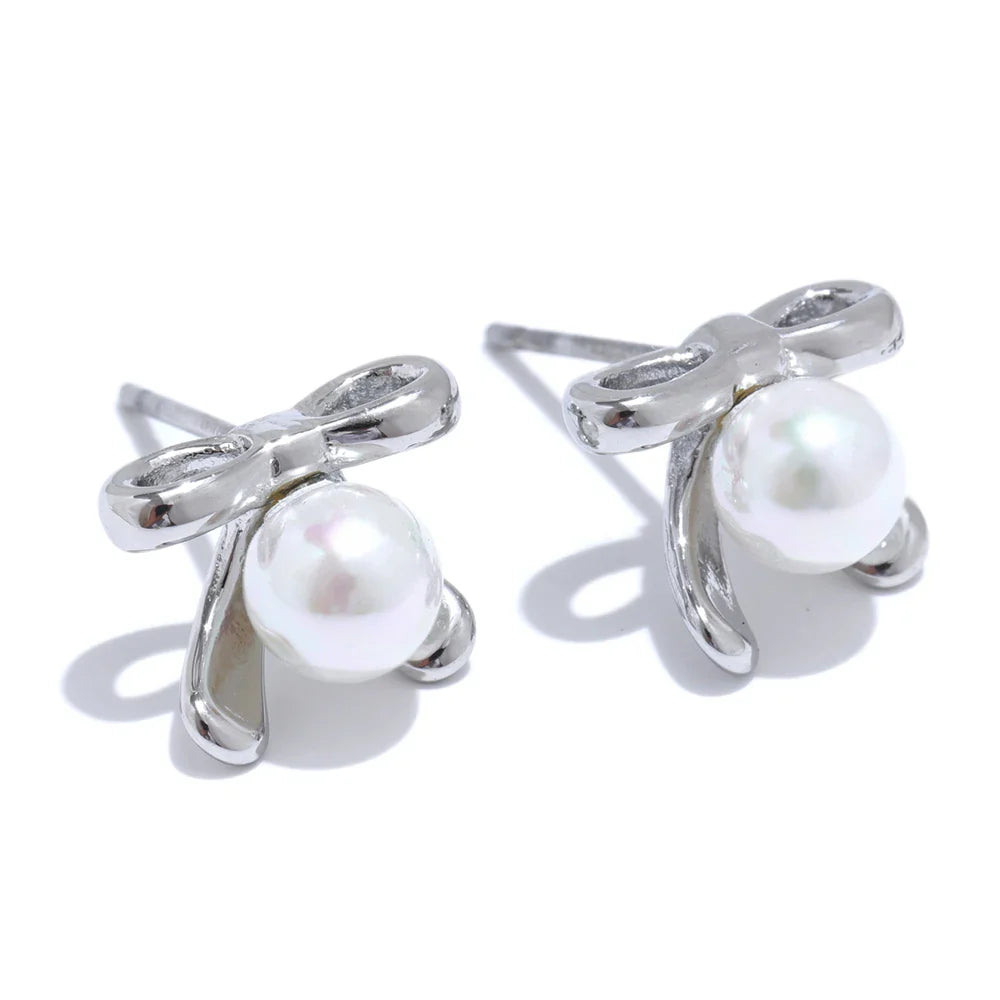 18k Gold-Plated Bow Pearl Earrings