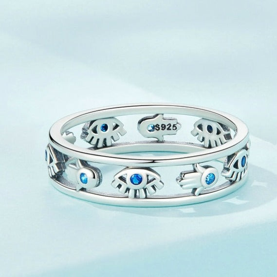 925 Sterling Silver Evil Eye Hamsa Hand Ring