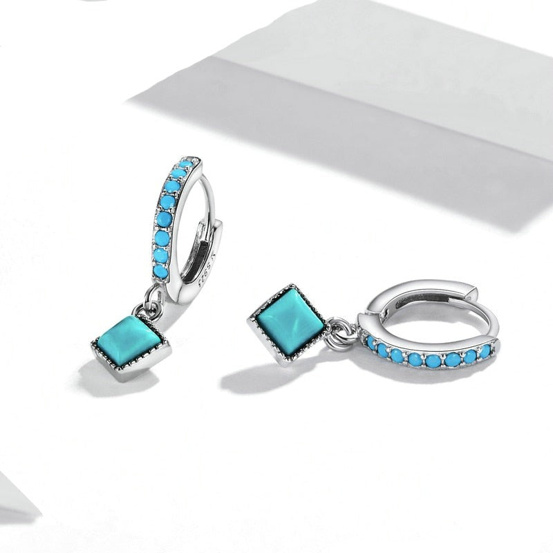 925 Sterling Silver Square Turquoise Drop Earrings