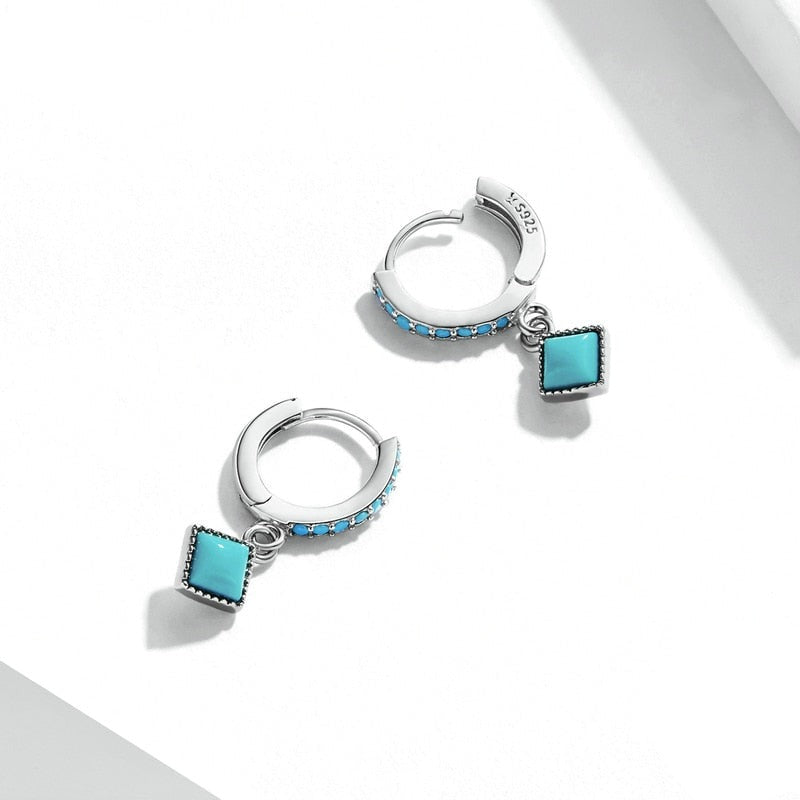 925 Sterling Silver Square Turquoise Drop Earrings