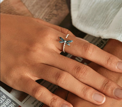 Adjustable Dragonfly Ring in 925 Sterling Silver with Cubic Zirconia