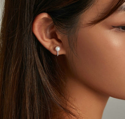 925 Sterling Silver Buckle Pearl and Zirconia Earrings