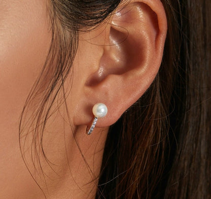 925 Sterling Silver Buckle Pearl and Zirconia Earrings