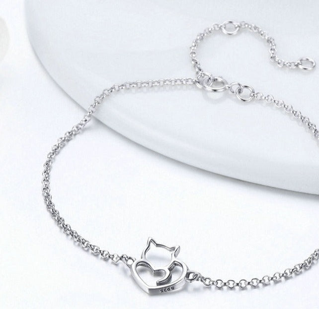 Sterling Silver 925 Cat Heart Bracelet – Adjustable & Hypoallergenic