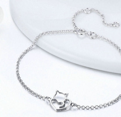 Sterling Silver 925 Cat Heart Bracelet – Adjustable & Hypoallergenic