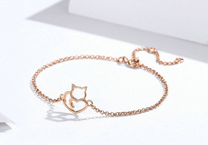 Sterling Silver 925 Cat Heart Bracelet – Adjustable & Hypoallergenic