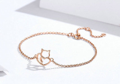 Sterling Silver 925 Cat Heart Bracelet – Adjustable & Hypoallergenic