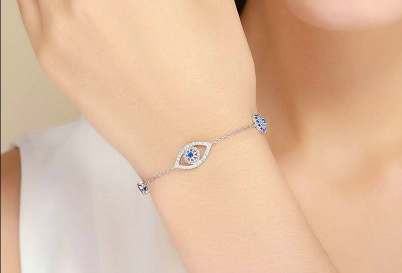 Evil Eye Bracelet in 925 Sterling Silver with Blue Cubic Zirconia