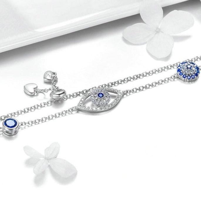 Evil Eye Bracelet in 925 Sterling Silver with Blue Cubic Zirconia