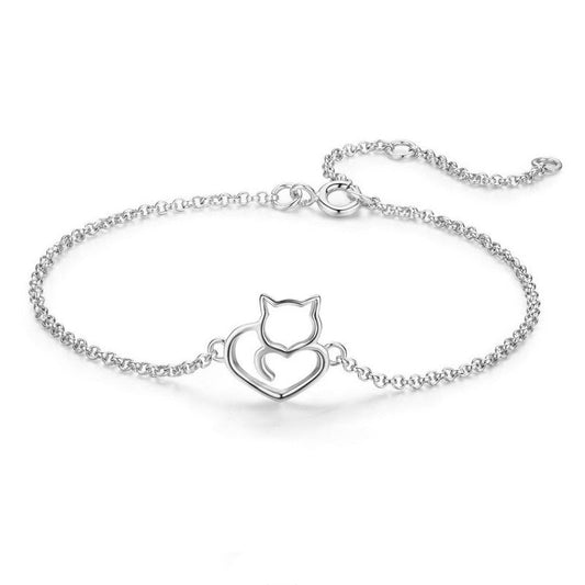 Sterling Silver 925 Cat Heart Bracelet – Adjustable & Hypoallergenic