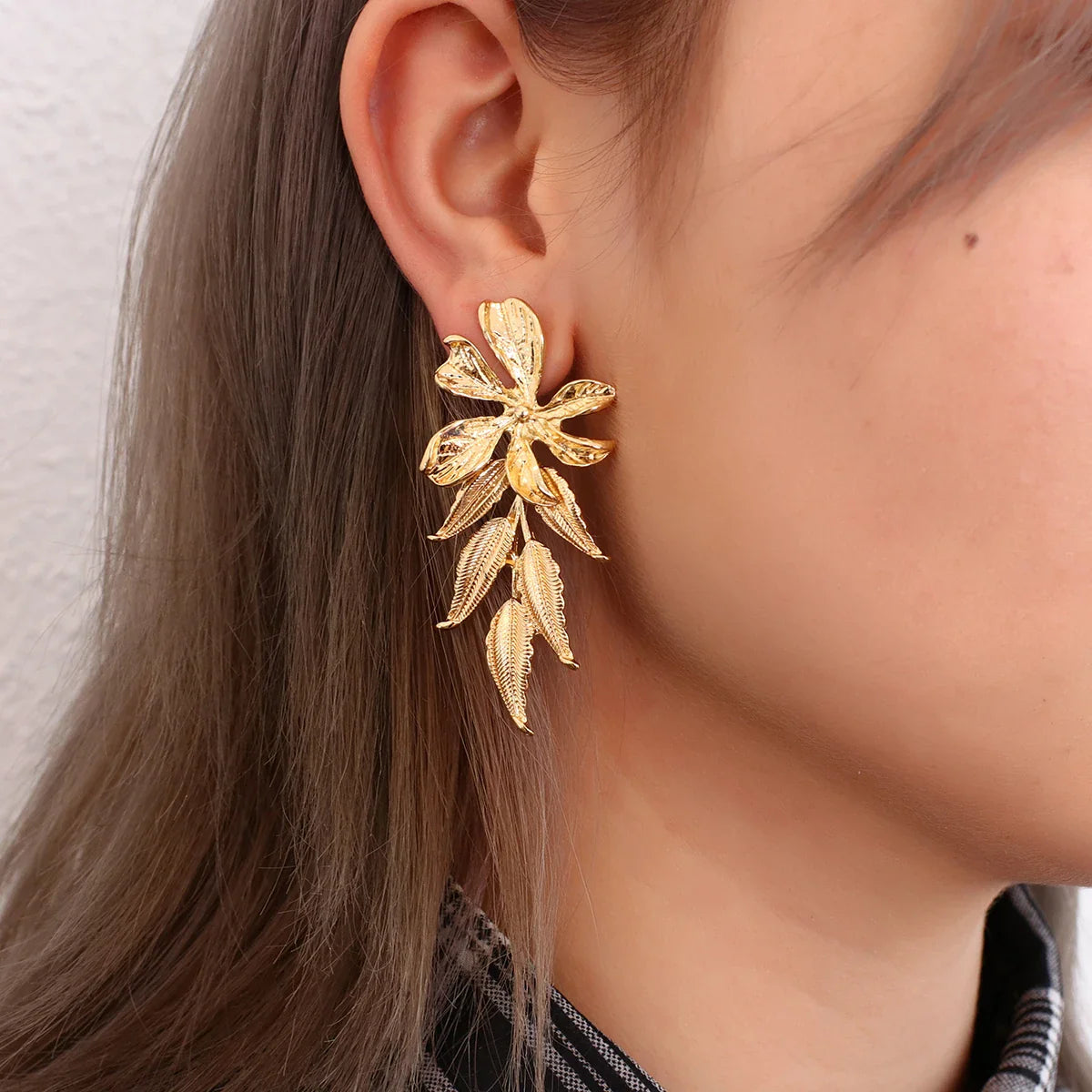 18k Gold-Plated Long Delicate Flower Earrings