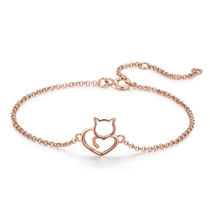 Sterling Silver 925 Cat Heart Bracelet – Adjustable & Hypoallergenic