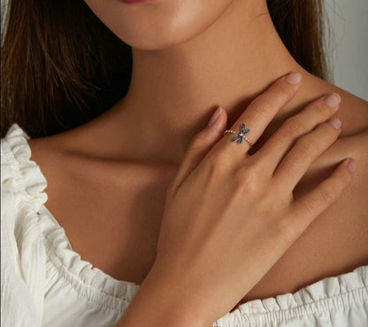 Adjustable Dragonfly Ring in 925 Sterling Silver with Cubic Zirconia