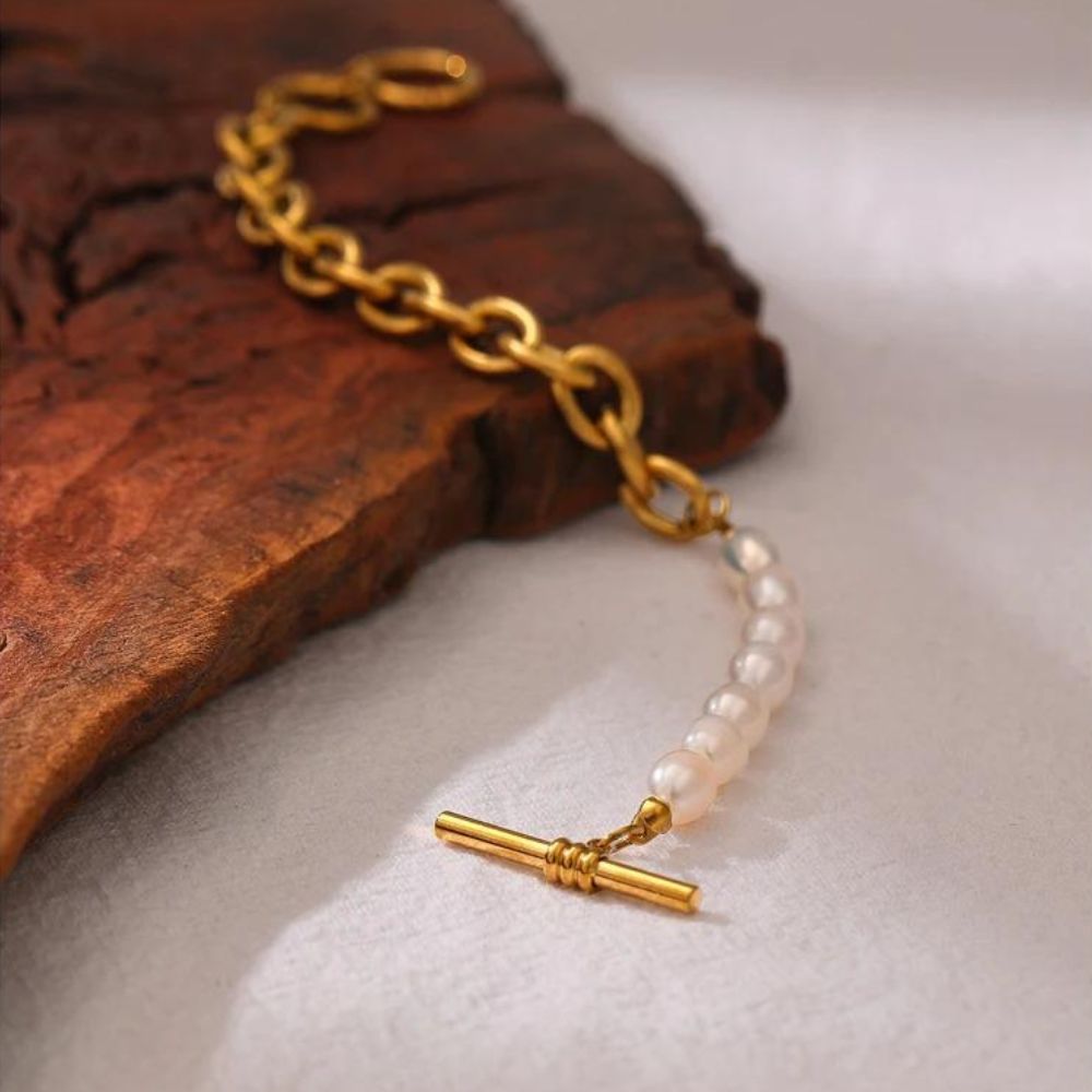 Link Bracelet with Freshwater Pearls – 18ct Gold-Plated