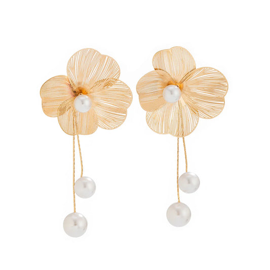 18k Gold-Plated Delicate Flower Pearl Drop Earrings