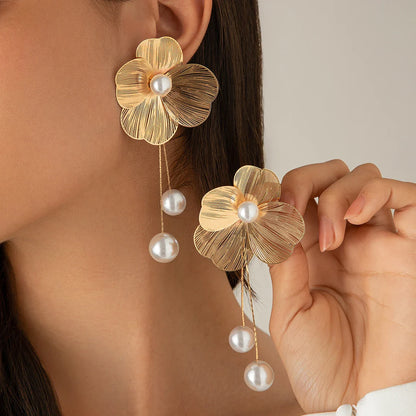 18k Gold-Plated Delicate Flower Pearl Drop Earrings
