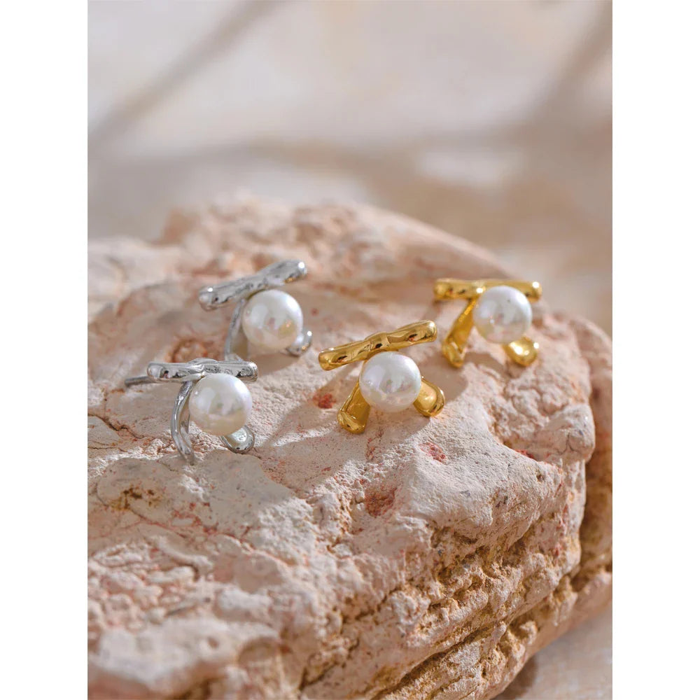 18k Gold-Plated Bow Pearl Earrings