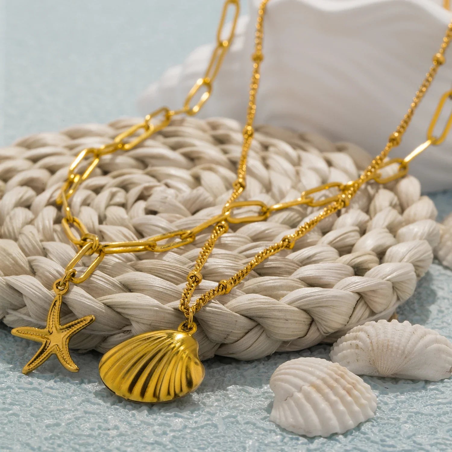 18k Gold-Plated Double Shell and Star Necklace