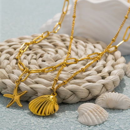 18k Gold-Plated Double Shell and Star Necklace