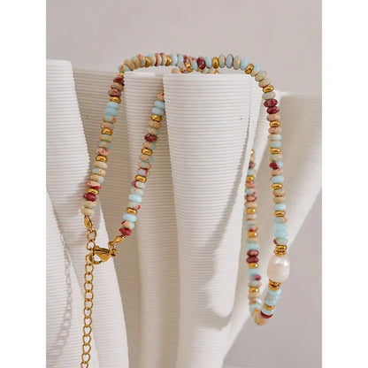 18k Gold-Plated Natural Stones and Pearl Necklace