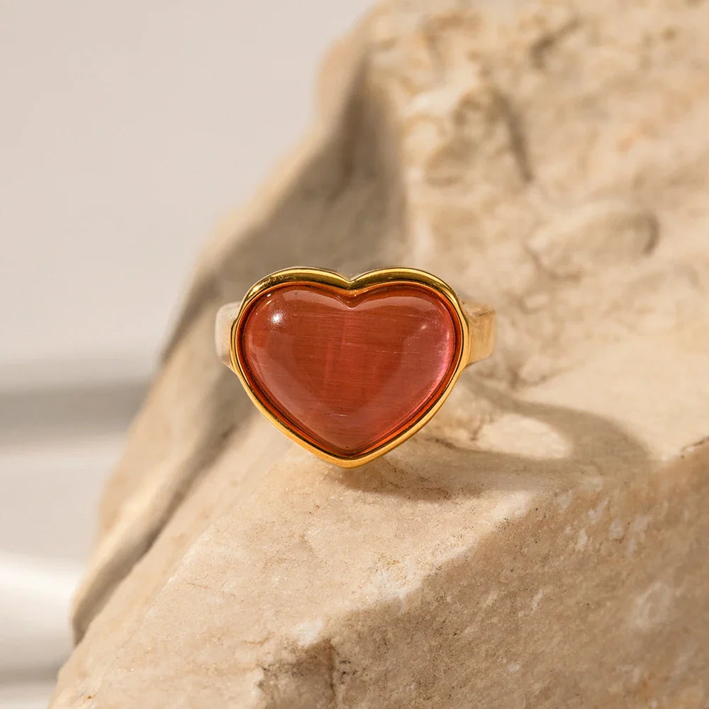 18k Gold-Plated Red Opal Heart Ring