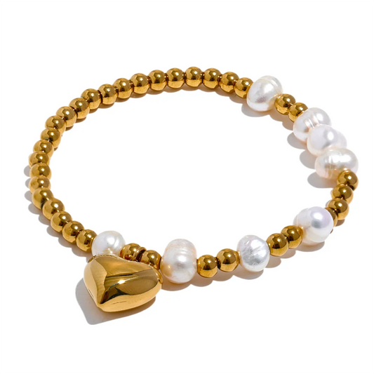 Heart &amp; Pearl Beaded Chain Bracelet – 18k Gold-Plated