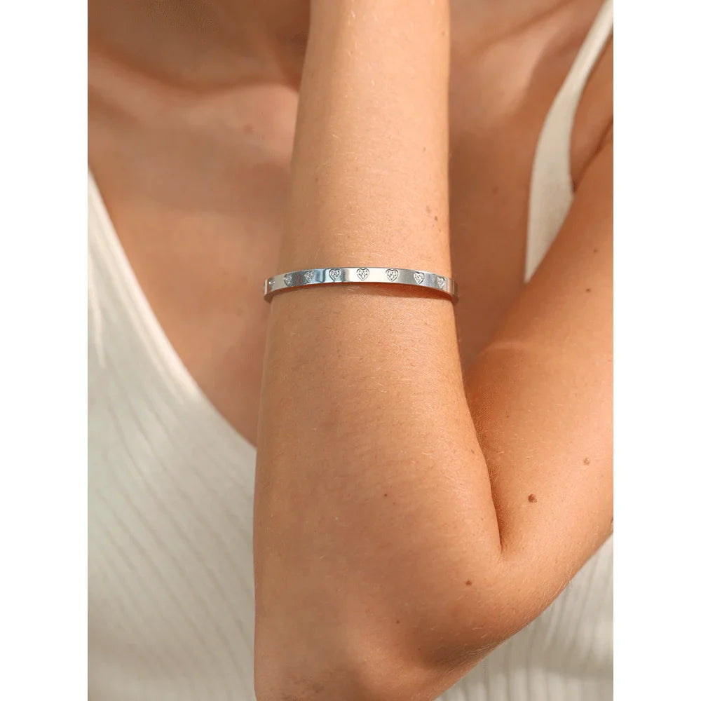 18k Gold-Plated Minimalist Hearts &amp; Zirconia Bangle