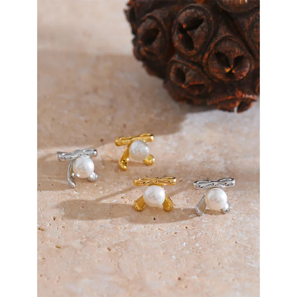 18k Gold-Plated Bow Pearl Earrings