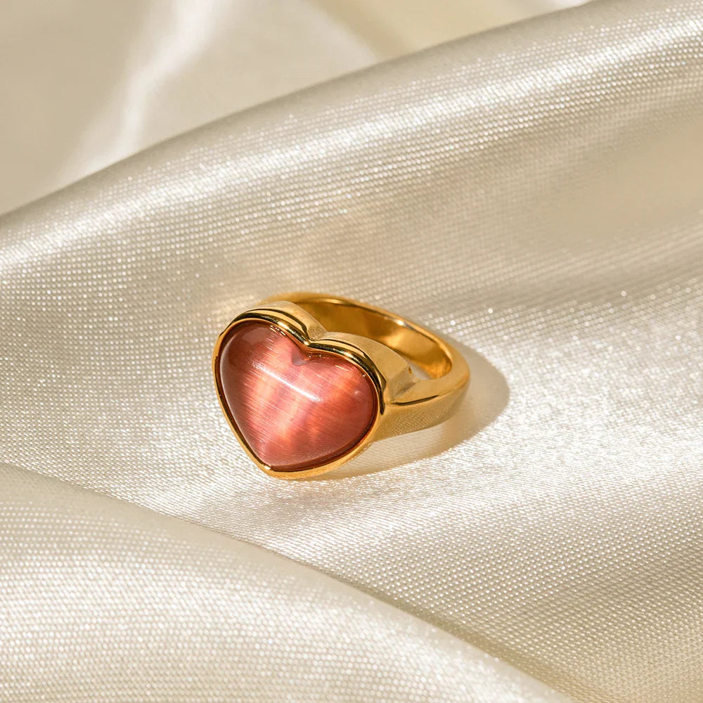 18k Gold-Plated Red Opal Heart Ring