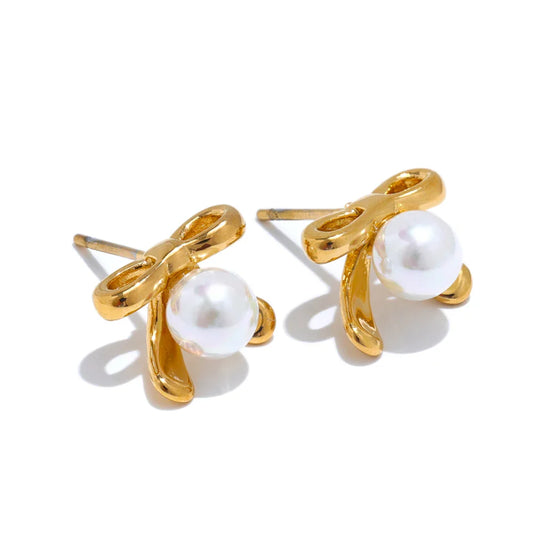 18k Gold-Plated Bow Pearl Earrings