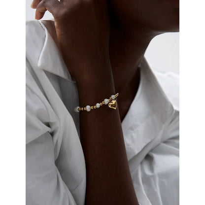 Heart &amp; Pearl Beaded Chain Bracelet – 18k Gold-Plated