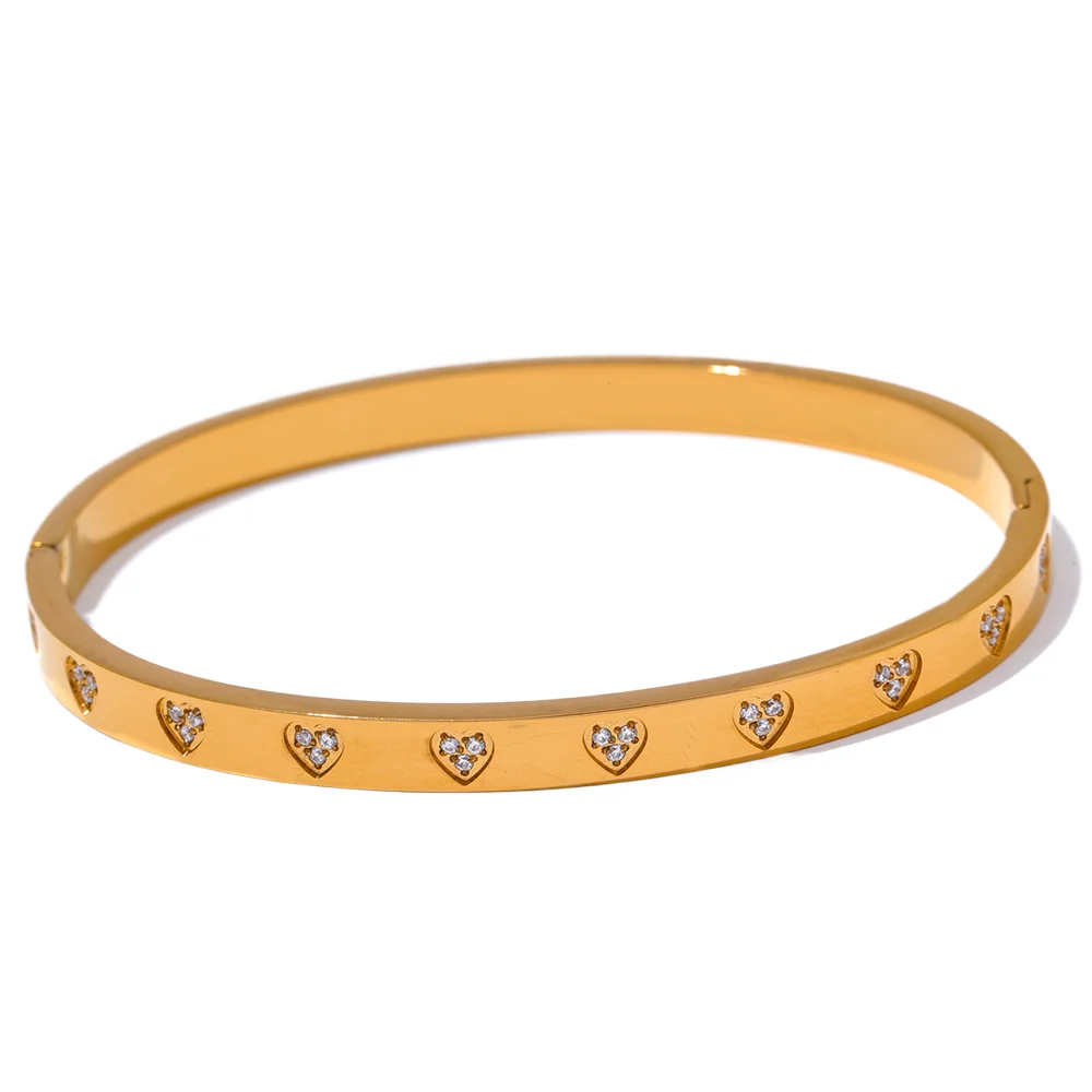 18k Gold-Plated Minimalist Hearts &amp; Zirconia Bangle