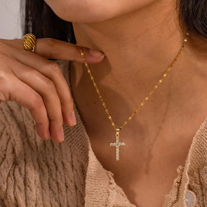 18k Gold-Plated Cross Necklace with Pavé Zirconia