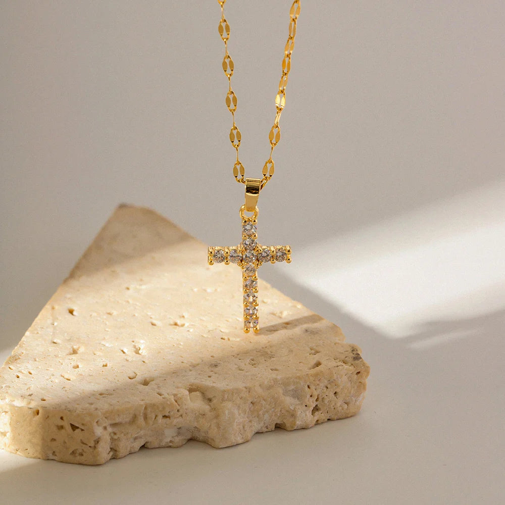 18k Gold-Plated Cross Necklace with Pavé Zirconia
