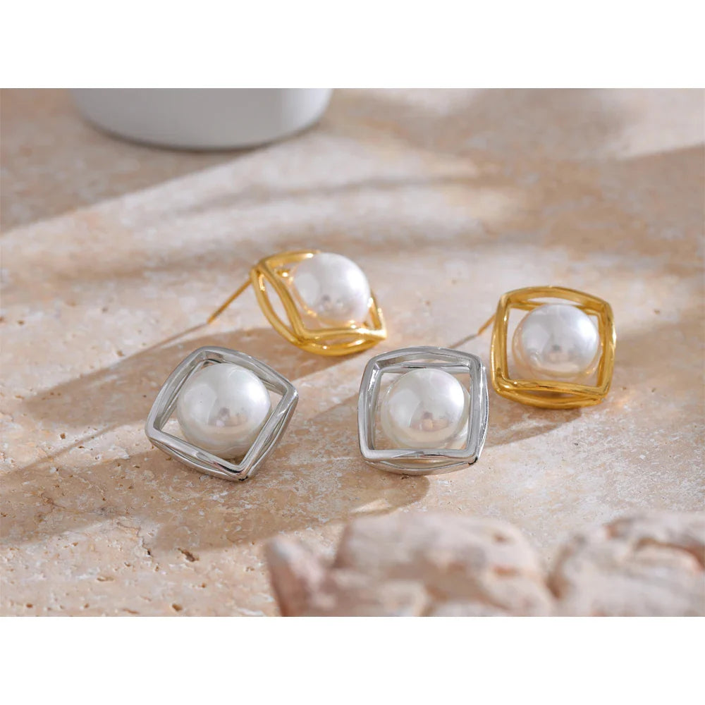 18k Gold-Plated Square Pearl Earrings
