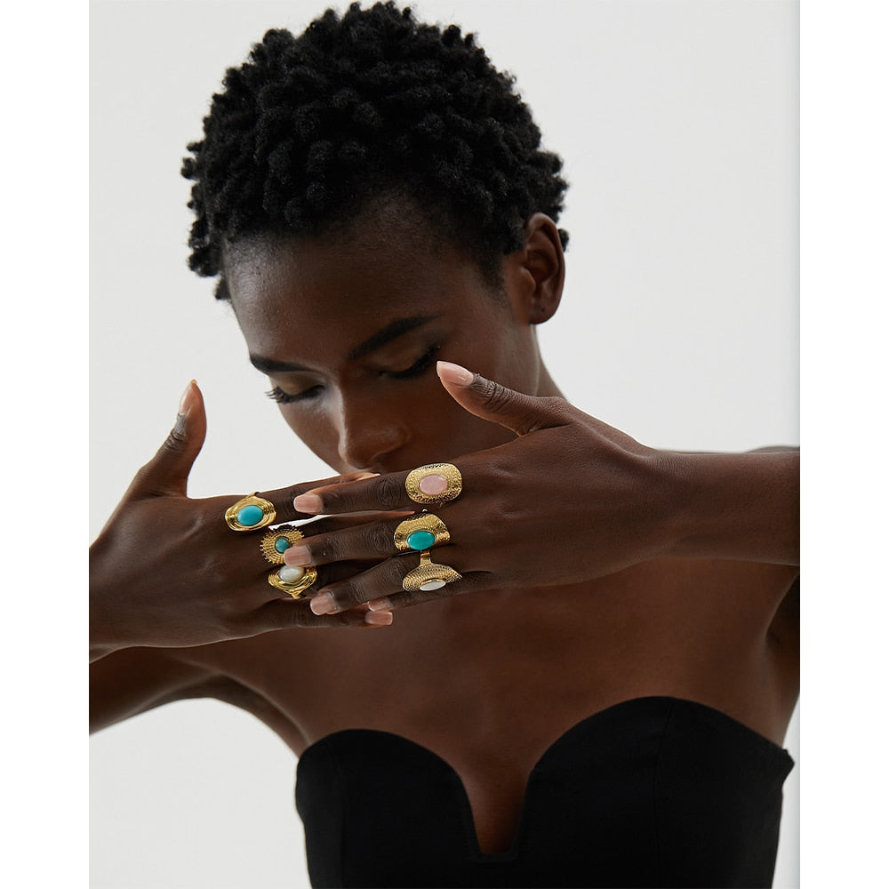 18k Gold Plated Adjustable Hyperbolic Ring with Natural Stones
