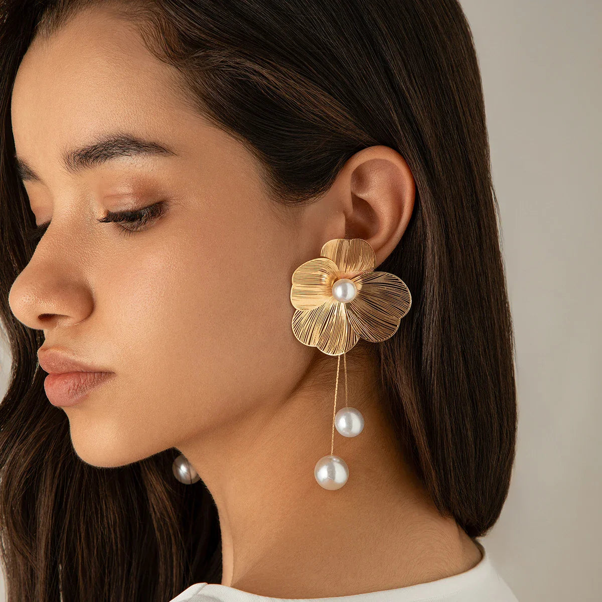 18k Gold-Plated Delicate Flower Pearl Drop Earrings