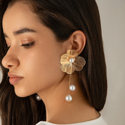 18k Gold-Plated Delicate Flower Pearl Drop Earrings