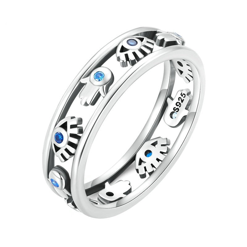 925 Sterling Silver Evil Eye Hamsa Hand Ring
