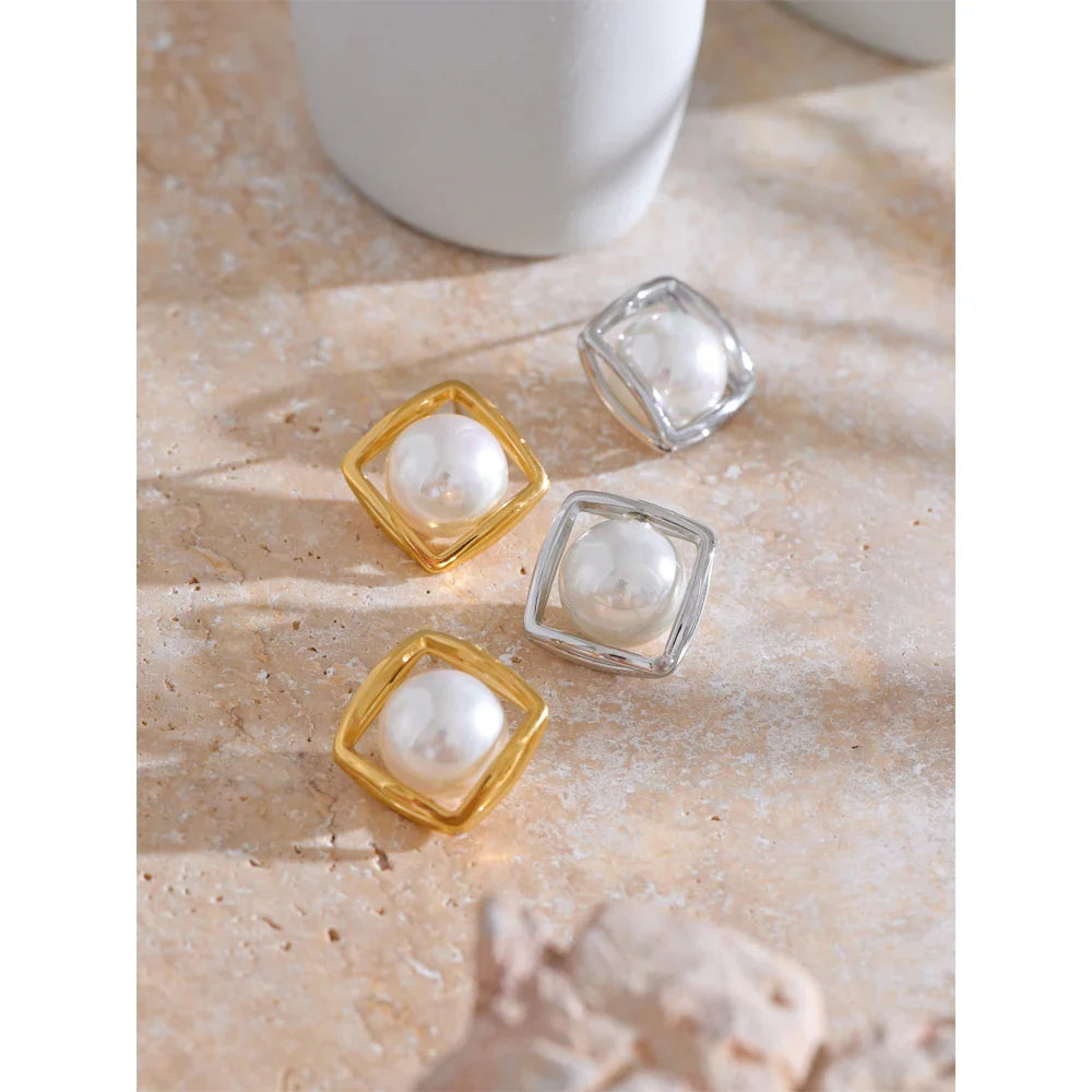 18k Gold-Plated Square Pearl Earrings