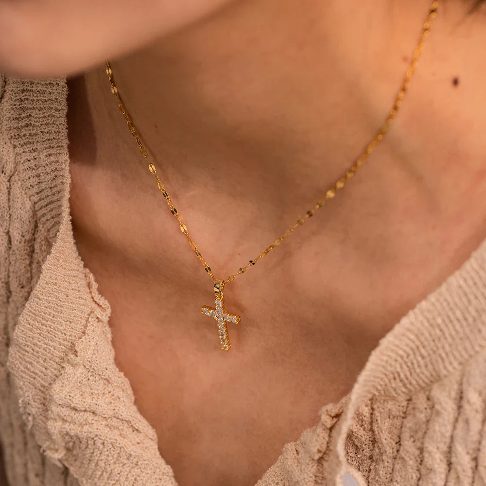 18k Gold-Plated Cross Necklace with Pavé Zirconia