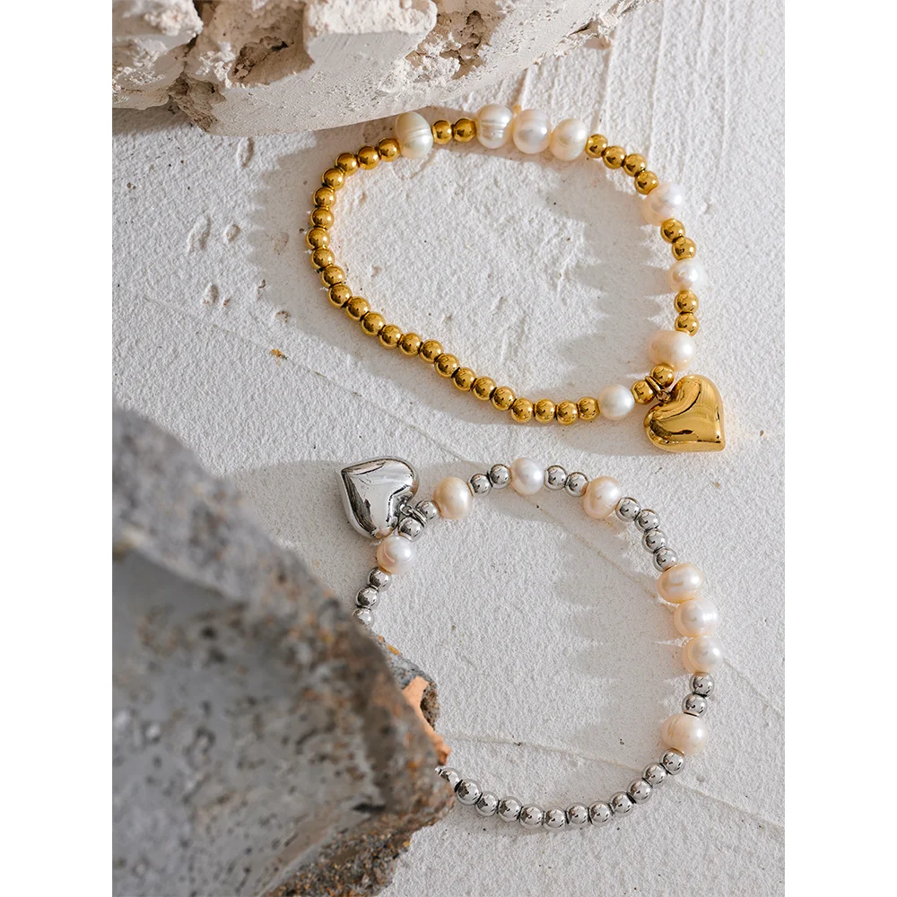 Heart &amp; Pearl Beaded Chain Bracelet – 18k Gold-Plated