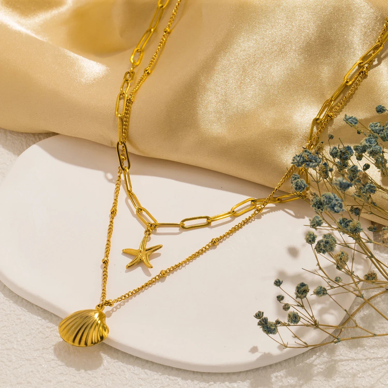 18k Gold-Plated Double Shell and Star Necklace