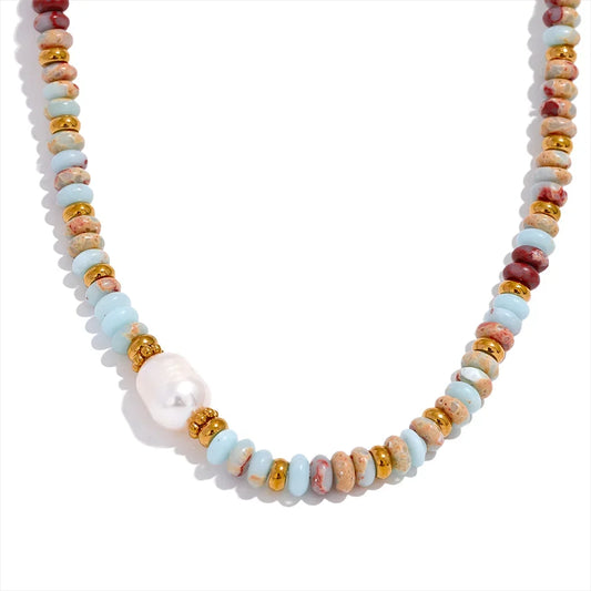 18k Gold-Plated Natural Stones and Pearl Necklace