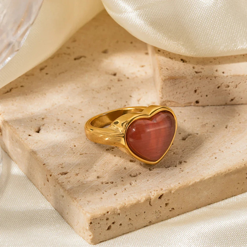 18k Gold-Plated Red Opal Heart Ring