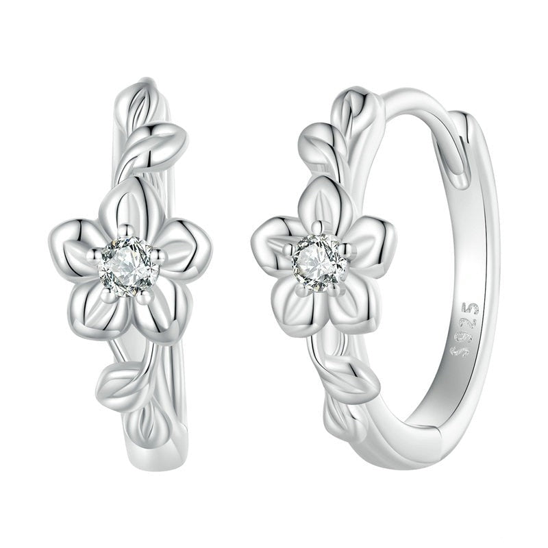 925 Sterling Silver Flower Zirconia Hoop Earrings